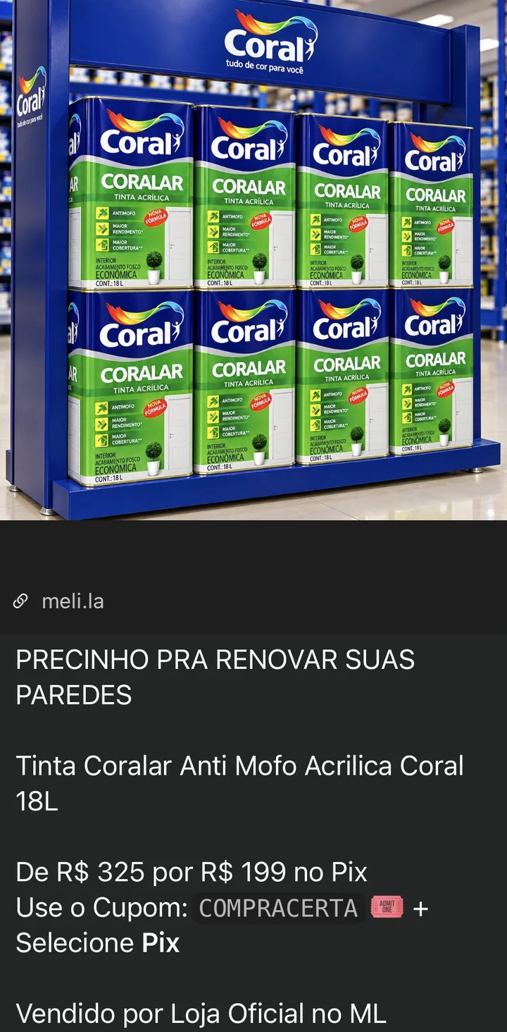 Oferta do grupo: Tinta Coral Coralar Anti Mofo Acrílica 18L de R$ 325 por R$ 199 no Pix