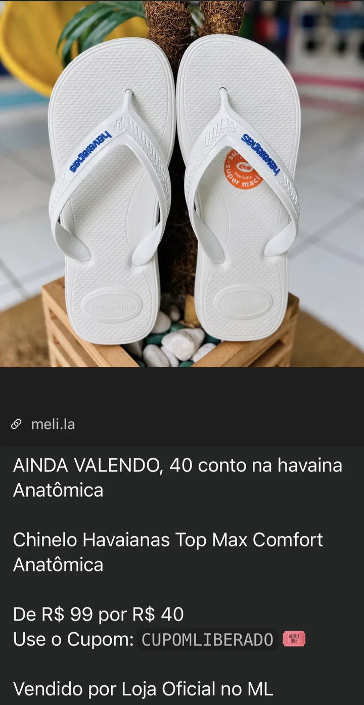 Oferta do grupo: Chinelo Havaianas Top Max Comfort Anatômica de R$ 99 por R$ 40 com cupom