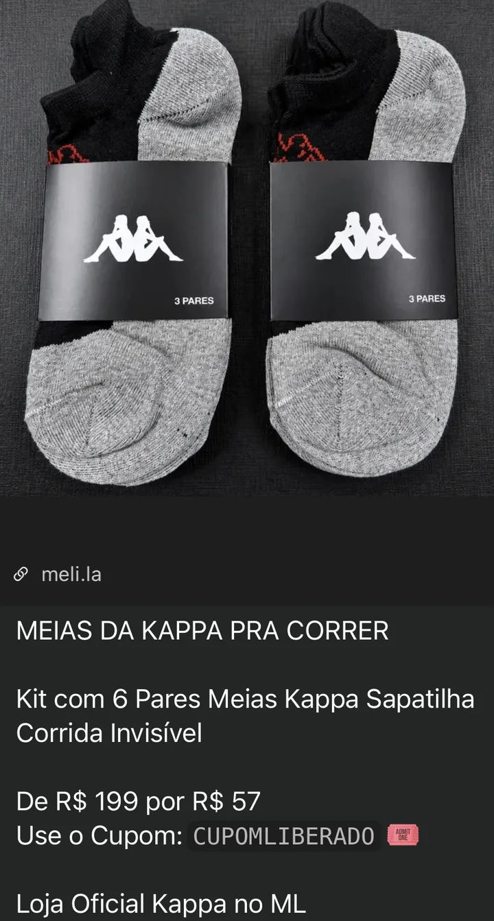 Oferta do grupo: kit com 6 pares de meias Kappa por R$ 57 com cupom