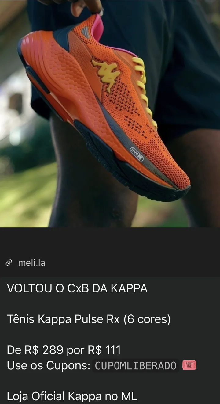 Oferta do grupo: Tênis Kappa Pulse RX de R$ 289 por R$ 111 com cupom