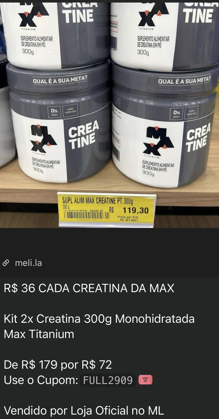 Oferta do grupo: Kit com 2 Creatinas 300g Max Titanium de R$ 179 por R$ 72 com cupom