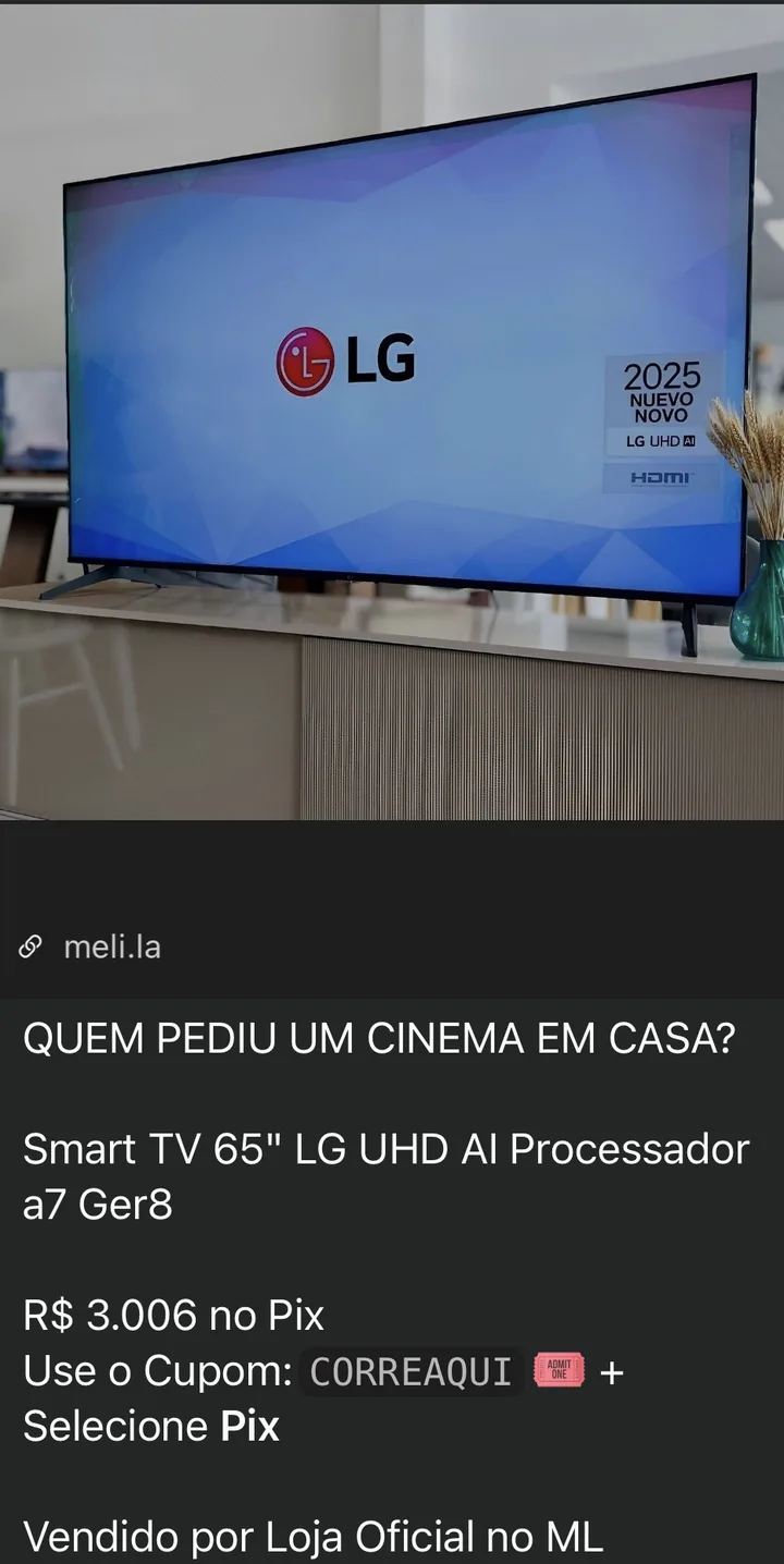 Oferta do grupo: Smart TV 65" LG UHD AI por R$ 3.006 no Pix